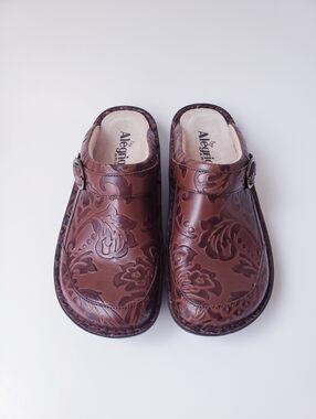 Alegria Brown Leather Embossed Slip On Clogs